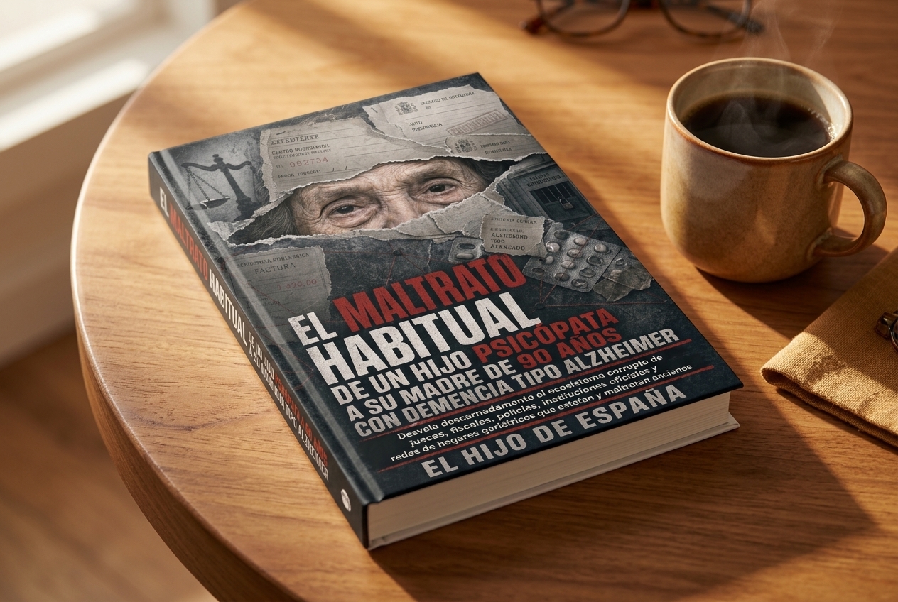 Portada del libro El maltrato habitual sobre una mesa de madera, junto a una taza